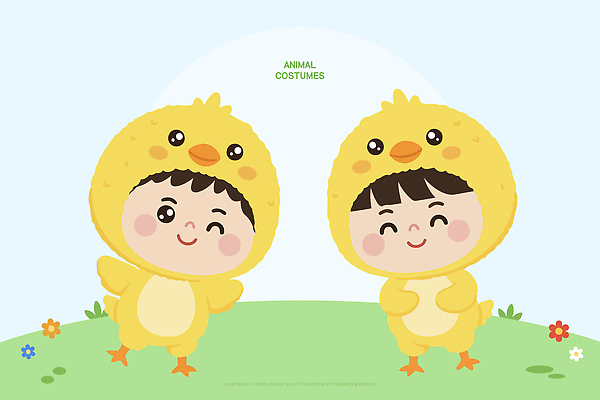 식물 옷 감정 컬러 컨셉 조류 표정 사람 파일형식 벡터 병아리 아기 웃음 노란색 잔디 꽃 백그라운드 하늘 놀이 캐릭터 귀여움 코스프레 행복 어린이 두명 즐거움 AI파일 일러스트 국내일러스트 동물옷