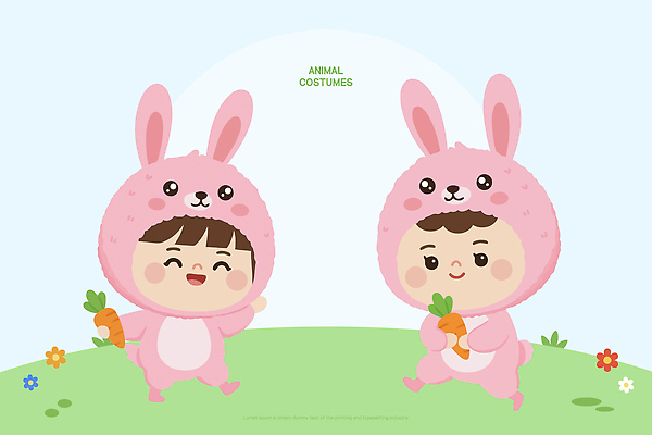 캐릭터 옷 꽃 행복 어린이 분홍색 백그라운드 일러스트 모션 하늘 웃음 초원 야외 친구 달리기 귀여움 당근 아기 토끼 즐거움 놀기 동물옷 국내일러스트 AI파일 식물 감정 컬러 컨셉 포유류 관계 뿌리채소 표정 사람 반려동물 파일형식 벡터