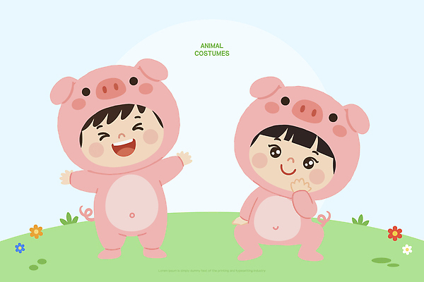 동물 캐릭터 옷 어린이 일러스트 장난 놀이 웃음 잔디 일상 친구 귀여움 아기 돼지 즐거움 아동복 밝은색 동물옷 국내일러스트 AI파일 식물 감정 컨셉 포유류 관계 표정 사람 라이프 파일형식 벡터
