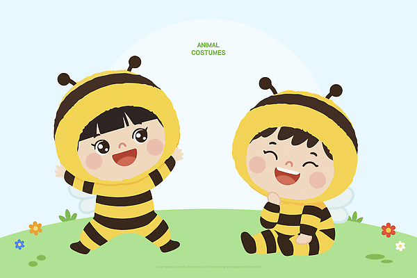 식물 옷 감정 컨셉 관계 표정 사람 벌_곤충 파일형식 벡터 꿀벌의상 꿀벌 어린이 놀이 웃음 친구 백그라운드 잔디 꽃 모션 즐거움 캐릭터 행복 그룹 함께함 상상력 컬러 AI파일 일러스트 국내일러스트 동물옷