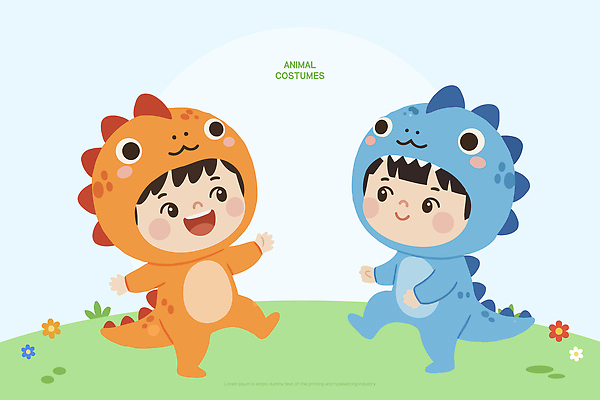 식물 옷 컬러 컨셉 관계 파충류 표정 사람 파일형식 벡터 어린이 공룡 주황색 파란색 잔디 캐릭터 놀이 웃음 귀여움 친구 아기 오브젝트 패션 AI파일 일러스트 국내일러스트 동물옷