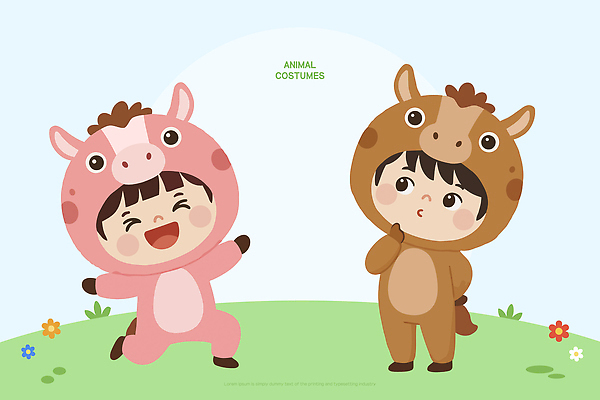 식물 옷 감정 포유류 관계 모션 표정 사람 파일형식 벡터 어린이 동물 장난 돼지 말_게임 잔디 꽃 하늘 놀기 웃음 장식 즐거움 놀이 컬러 친구 패션 아기 AI파일 일러스트 국내일러스트 동물옷