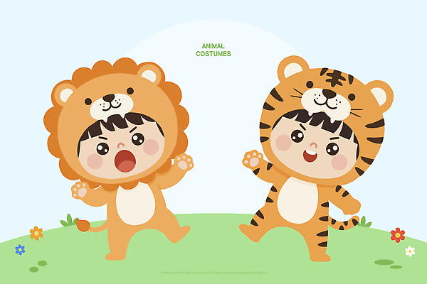 식물 옷 감정 컨셉 포유류 관계 모션 표정 사람 파일형식 벡터 어린이 사자 호랑이 놀이 웃음 달리기 장난 즐거움 백그라운드 꽃 잔디 친구 귀여움 AI파일 일러스트 국내일러스트 동물옷