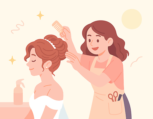 직업 헤어스타일 드레스 결혼 신체부위 뷰티 뷰티샵 파일형식 벡터 미용사 고객 미용실 파마 건조 도구 머리 화장품 스프레이 서비스 화장 준비 이벤트 뷰티풀 AI파일 일러스트 국내일러스트 웨딩드레스 신부