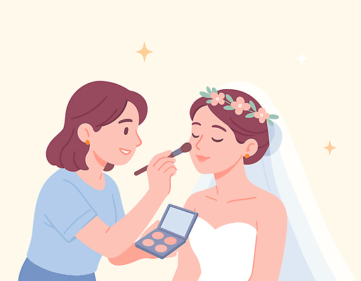 식물 직업 드레스 결혼 이벤트 신체부위 뷰티 머리 파일형식 벡터 결혼식 화장 아티스트 준비 화장품 얼굴 붓 머리카락 스타일링 장식 꽃 신랑 촬영 포즈 AI파일 일러스트 국내일러스트 웨딩드레스 신부