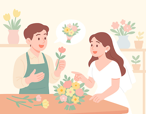 식물 직업 드레스 꽃 결혼 컨셉 말하기 이벤트 신체부위 상점 파일형식 벡터 플로리스트 꽃다발 대화 꽃집 선택 디자인 포장 튤립 장식 조화 뷰티풀 취향 소통 준비 손 AI파일 일러스트 국내일러스트 웨딩드레스 신부