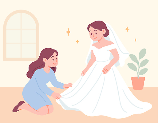 드레스 옷 감정 컬러 결혼 컨셉 관계 사람 이벤트 신체부위 파일형식 벡터 결혼식 친구 준비 순간 무릎 도움 주름 행복 여자 상징 함께함 흰색 장신구 AI파일 일러스트 국내일러스트 웨딩드레스 신부