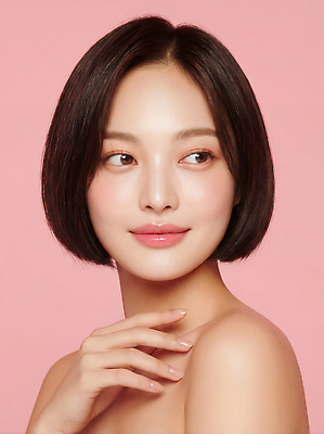 JPG 모델 편집이미지 손 얼굴 분홍색 포즈 백그라운드 짧은머리 미소 웃음 청춘 화장 뷰티 밝은색 의료성형뷰티 스타일 편집실사 AI인물포토 AI콘텐츠 헤어스타일 컬러 컨셉 표정 신체부위 CG 파일형식 AI포토