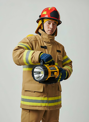 JPG 편집이미지 직업 조명 실내 안전 재킷 장비 응급 손전등 작업 구출 소방관 소방 연습 화재 구조대 의료성형뷰티 편집실사 AI인물포토 AI콘텐츠 내부 외투 긴급 도움 구조원 사건 CG 파일형식 AI포토