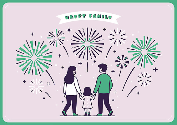 행복 어린이 컬러 일러스트 가족 밤하늘 함께함 불꽃놀이 웃음 부모 손잡기 축제 소리 기쁨 축하 구경 장면 놀기 순간 국내일러스트 AI파일 감정 컨셉 관계 모션 놀이 하늘 표정 사람 야간 파일형식 벡터