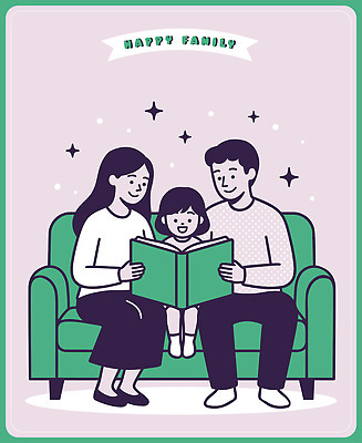 어린이 일러스트 가족 모션 놀이 함께함 이야기 대화 사랑 웃음 책 학습 부모 소파 공간 방 시간 읽기 즐거움 그림책 국내일러스트 AI파일 교육 감정 컨셉 의자 관계 표정 말하기 사람 파일형식 벡터