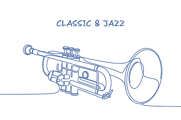 디자인 예술 선 악기 음악 하늘색 연주 라인일러스트 일러스트 미술 소리 표현 클래식 그림 트럼펫 풍선 조화 재즈 단순화된 국내일러스트 AI파일 컨셉 문화예술 파란색 금관악기 파일형식 벡터