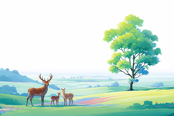 JPG 나무 동물 꽃 일러스트 자연 하늘 사슴 산 풍경 초원 여름 파란색 숲 그림 지역 아기사슴 평원 국내일러스트 AI일러스트 AI콘텐츠 식물 계절 새끼 컬러 포유류 생태계 파일형식