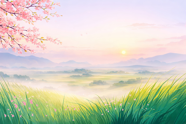 JPG 나무 식물 꽃잎 꽃 일러스트 자연 하늘 아침 산 풍경 초원 초록색 햇빛 일출 봄 안개 평지 국내일러스트 AI일러스트 AI콘텐츠 주간 계절 컬러 날씨 태양 노을 땅 생태계 파일형식