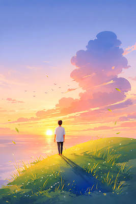 JPG 남자 여유 바다 컬러 일러스트 자연 조류 하늘 조명 풍경 잔디 초원 해변 걷기 일몰 시간 저녁 그늘 일과 밝은색 국내일러스트 AI일러스트 AI콘텐츠 식물 동물 감정 모션 사람 노을 야간 생태계 파일형식