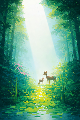 JPG 나무 식물 동물 일러스트 자연 생명 사슴 조명 대화 초원 빛 평화 환경 산책 숲 생태계 조용 서식지 국내일러스트 AI일러스트 AI콘텐츠 컨셉 포유류 휴식 말하기 파일형식