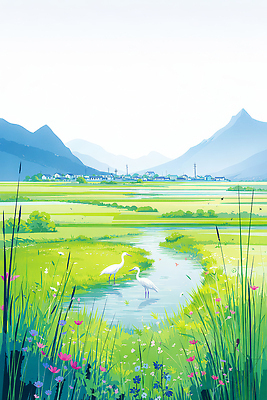 JPG 응시 꽃 일러스트 자연 조류 하늘 날씨 산 풍경 초원 물 여름 강 마을 농촌 물가 백로 생태계 논밭 북한강 국내일러스트 AI일러스트 AI콘텐츠 자연요소 식물 동물 시선 계절 밭 논 시골 가평 파일형식