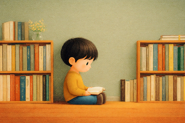 JPG 나무 꽃 어린이 일러스트 모션 책장 바닥 소년 책 독서 공간 시간 도서관 서재 편안함 집중 조용 국내일러스트 AI일러스트 AI콘텐츠 식물 교육 남자 가구 컨셉 사람 감각 파일형식