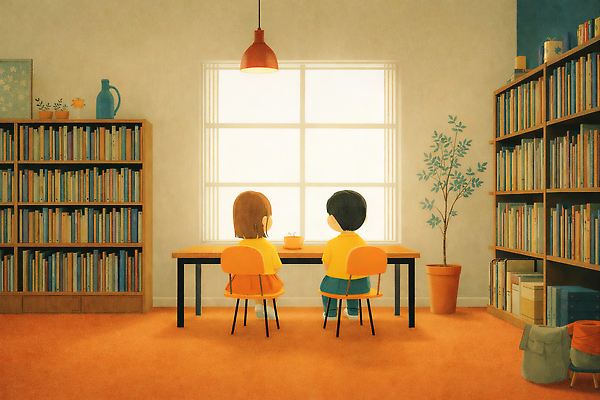 JPG 응시 어린이 컬러 의자 일러스트 창문 모션 책장 대화 앉기 책 친구 빛 감상 방 도서관 국내일러스트 AI일러스트 AI콘텐츠 시선 교육 가구 관계 말하기 사람 파일형식