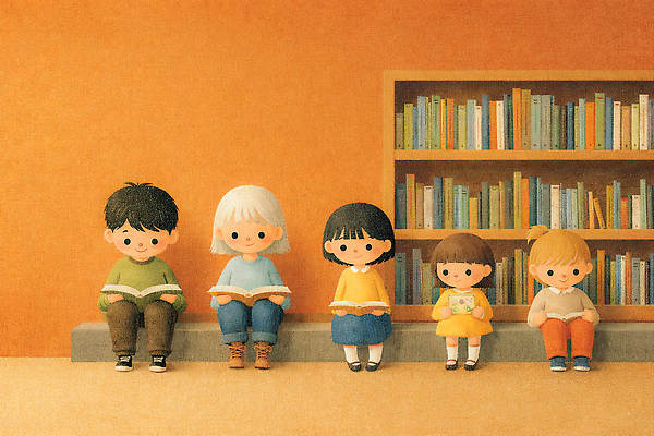 JPG 행복 어린이 벽 일러스트 모션 책장 책 학습 독서 주황색 시간 도서관 집중 교감 국내일러스트 AI일러스트 AI콘텐츠 교육 감정 컬러 가구 컨셉 사람 파일형식