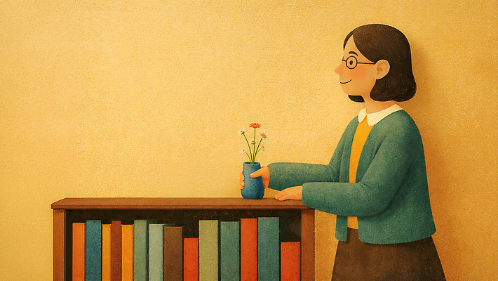 JPG 캐릭터 여자 꽃 컬러 일러스트 책장 실내 웃음 책 파란색 노란색 꽃병 방 도서관 오브젝트 국내일러스트 AI일러스트 AI콘텐츠 식물 교육 가구 표정 사람 내부 파일형식