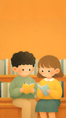 JPG 학생 어린이 컬러 일러스트 모션 책장 이야기 책 친구 독서 교양 도서관 일과 상호작용 국내일러스트 AI일러스트 AI콘텐츠 교육 가구 관계 사람 파일형식