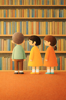 JPG 응시 옷 어린이 컬러 일러스트 동화 책장 책 독서 도서관 국내일러스트 AI일러스트 AI콘텐츠 시선 교육 가구 사람 파일형식