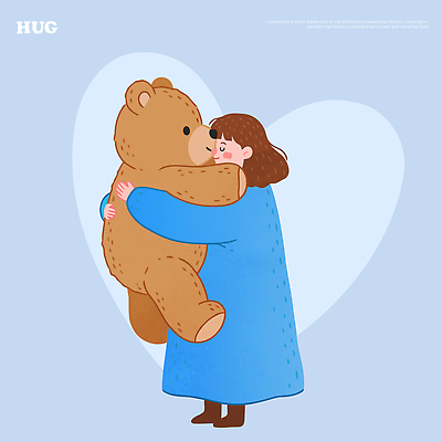 캐릭터 행복 감정 어린이 인형 백그라운드 일러스트 포옹 따뜻함 사랑 소녀 파란색 친구 귀여움 곰인형 아기 그림 국내일러스트 AI파일 여자 컬러 컨셉 관계 안기 사람 파일형식 벡터