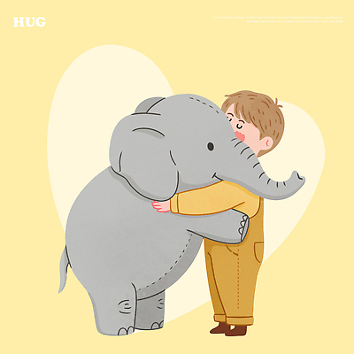 동물 감정 어린이 백그라운드 신체 일러스트 포옹 자연 코끼리 사랑 친구 노란색 귀여움 그림 감싸기 국내일러스트 AI파일 컬러 컨셉 포유류 관계 안기 모션 사람 생태계 파일형식 벡터