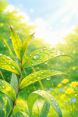 JPG 나무 식물 꽃 잎 일러스트 자연 생명 아침 바람 초원 초록색 여름 햇빛 들꽃 성장 물방울 신선 식물원 수분_꽃가루 국내일러스트 AI일러스트 AI콘텐츠 주간 자연요소 계절 컬러 날씨 태양 생태계 파일형식