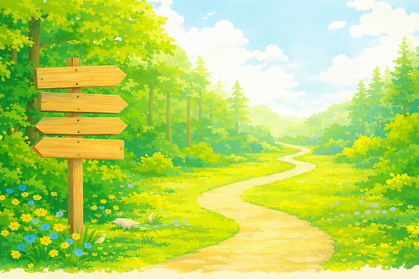 JPG 나무 꽃 길 여행 일러스트 자연 하늘 바닥 풍경 초록색 여름 평화 산책 탐험 숲 조경 조용 길가 방향표지판 국내일러스트 AI일러스트 AI콘텐츠 식물 계절 컬러 컨셉 휴식 표지판 생태계 파일형식