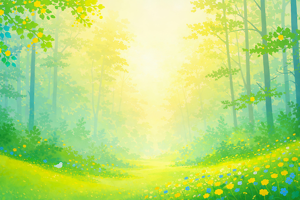 JPG 나무 꽃 길 일러스트 자연 풍경 초원 초록색 여름 파란색 햇빛 노란색 산책 숲속 숲 편안함 조용 새소리 국내일러스트 AI일러스트 AI콘텐츠 식물 계절 컬러 휴식 태양 감각 생태계 파일형식