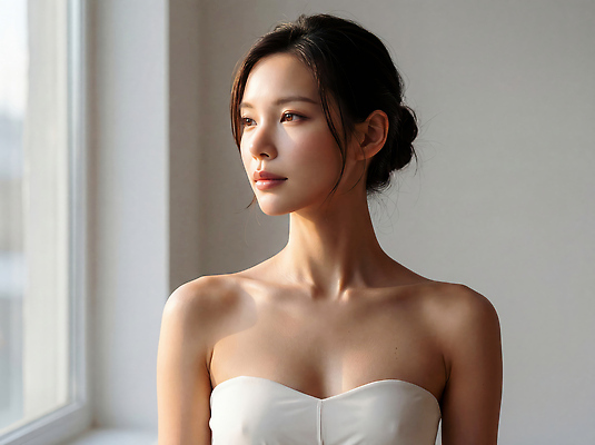 JPG 편집이미지 여자 감정 포즈 스튜디오 사람 뷰티 방 창가 초상화 뷰티풀 의료성형뷰티 차분 편집실사 AI인물포토 AI콘텐츠 컨셉 창문 CG 그림 파일형식 AI포토