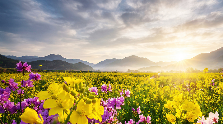 JPG 편집이미지 계절 꽃밭 자연 하늘 산 풍경 초원 햇빛 노란색 일출 보라색 들꽃 편집실사 꽃 컬러 태양 노을 CG 생태계 파일형식