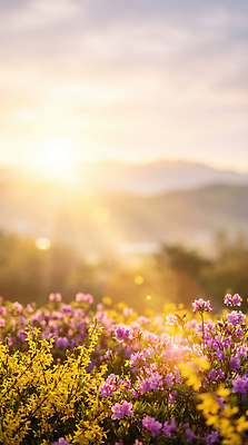 JPG 나무 식물 편집이미지 꽃 분홍색 꽃밭 자연 아침 산 풍경 햇빛 노란색 봄 뷰티풀 편집실사 주간 계절 컬러 태양 CG 생태계 파일형식