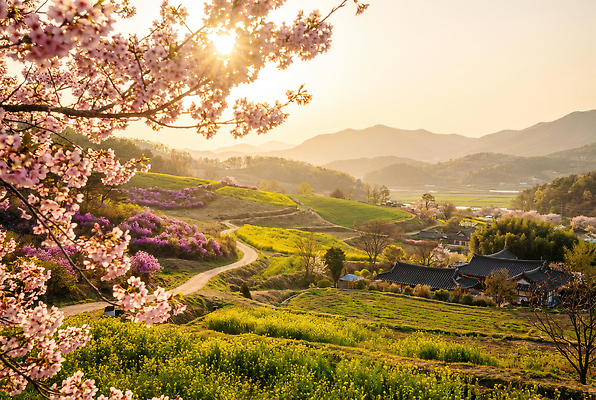 JPG 나무 편집이미지 전통 꽃 자연 하늘 산 풍경 태양 마을 봄 농촌 저녁 언덕 편집실사 AI포토 AI콘텐츠 자연요소 식물 계절 시골 야간 CG 생태계 파일형식