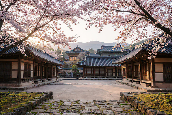 JPG 편집이미지 전통 자연 아침 산 한옥 한국 풍경 건물 햇빛 정원 봄 벚꽃 사찰 조용 뷰티풀 편집실사 AI포토 AI콘텐츠 주간 한국전통 건축물 계절 꽃 아시아 고건축 종교건축 태양 CG 생태계 파일형식