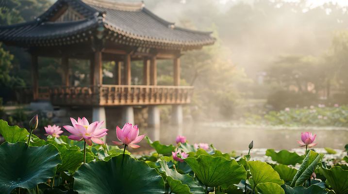 JPG 식물 편집이미지 전통 여행 고건축 자연 아침 한국 연꽃 풍경 정원 안개 연못 사찰 수면 수국 뷰티풀 편집실사 AI포토 AI콘텐츠 주간 건축물 꽃 아시아 종교건축 날씨 물 CG 생태계 파일형식