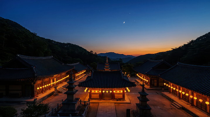 JPG 나무 편집이미지 전통 문화 하늘 조명 산 풍경 건물 빛 소리 달 기도 사찰 저녁 조용 편집실사 자연요소 식물 건축물 종교건축 야간 CG 파일형식