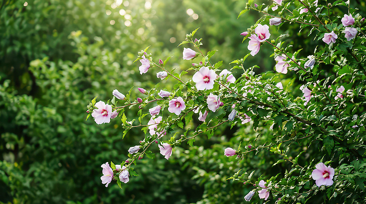 JPG 나무 식물 편집이미지 꽃잎 꽃 줄기 분홍색 잎 자연 생명 풍경 초록색 여름 햇빛 정원 개화 무궁화 편집실사 AI포토 AI콘텐츠 계절 컬러 태양 CG 생태계 파일형식