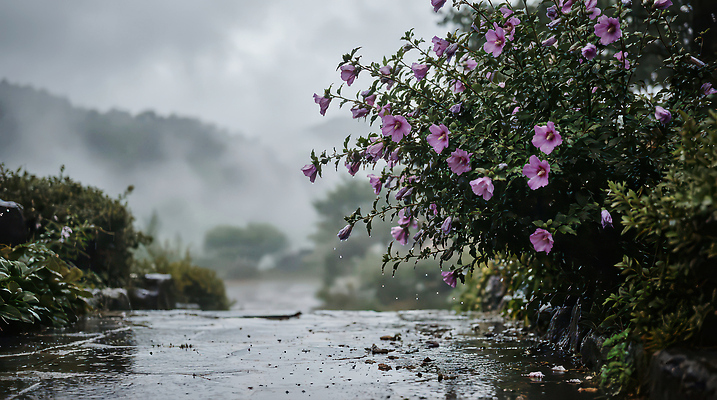 JPG 나무 식물 편집이미지 꽃 자연 풍경 물 여름 정원 흙 습기 안개 미끄러짐 빗방울 무궁화 돌길 편집실사 AI포토 AI콘텐츠 자연요소 계절 길 모션 날씨 비_날씨 CG 생태계 파일형식