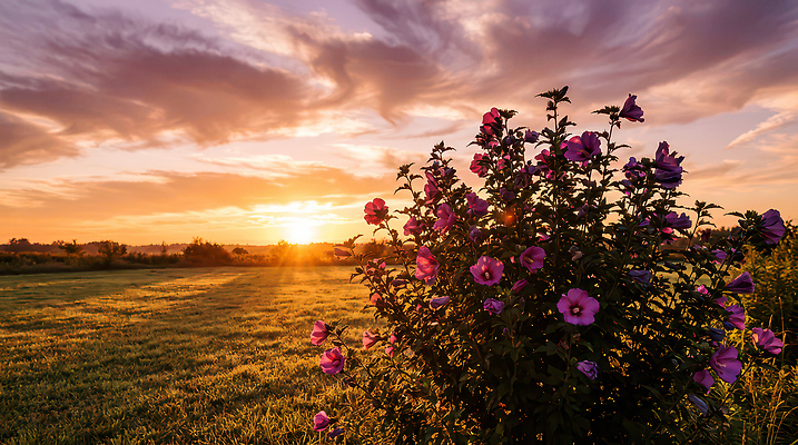 JPG 식물 편집이미지 꽃 호수 분홍색 자연 하늘 풍경 초원 태양 일몰 저녁 장면 무궁화 편집실사 AI포토 AI콘텐츠 자연요소 컬러 노을 야간 CG 생태계 파일형식