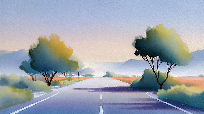 JPG 나무 도로 길 여유 컬러 이동 일러스트 자연 하늘 수채화 산 거리 풍경 초원 파란색 저녁 평지 국내일러스트 AI일러스트 AI콘텐츠 식물 감정 컨셉 교통시설 야간 땅 생태계 파일형식