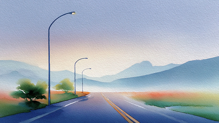 JPG 도로 길 예술 컬러 가로등 일러스트 자연 하늘 아침 조명 수채화 산 거리 풍경 고요 들꽃 안개 언덕 그림 국내일러스트 AI일러스트 AI콘텐츠 주간 공공시설 꽃 교통시설 날씨 생태계 파일형식
