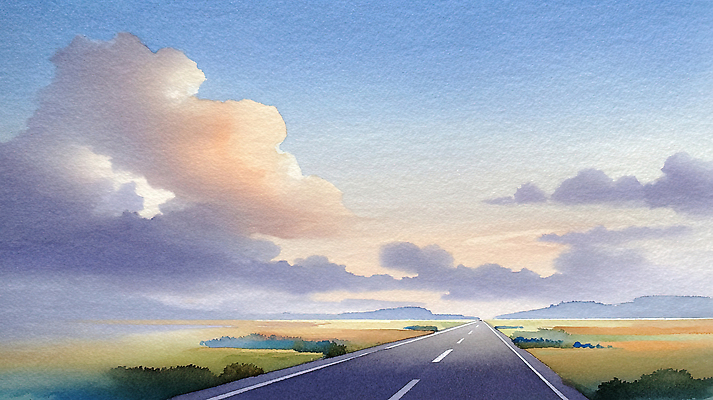 JPG 도로 길 컬러 여행 하늘색 일러스트 자연 하늘 수채화 미술 풍경 초원 평화 일출 일몰 언덕 차선 지평선 국내일러스트 컨셉 교통시설 문화예술 파란색 노을 생태계 파일형식