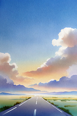 JPG 도로 여행 하늘색 일러스트 자동차 자연 하늘 날씨 수채화 산 거리 풍경 고요 일몰 저녁 균형 평야 국내일러스트 AI일러스트 AI콘텐츠 길 육상교통 교통시설 파란색 노을 야간 생태계 파일형식