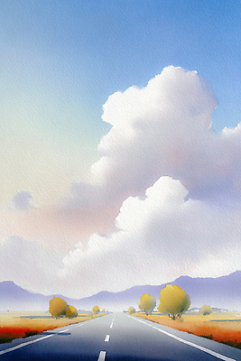 JPG 나무 도로 길 여행 백그라운드 일러스트 자연 하늘 수채화 산 풍경 여름 고요 일몰 대기 풍경화 국내일러스트 AI일러스트 AI콘텐츠 식물 계절 교통시설 노을 그림 생태계 파일형식