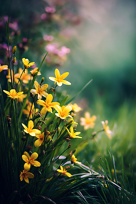 JPG 식물 편집이미지 꽃 컬러 자연 풍경 잔디 초원 초록색 여름 햇빛 노란색 봄 들꽃 흔들림 오후 편집실사 AI포토 AI콘텐츠 계절 모션 태양 CG 생태계 파일형식