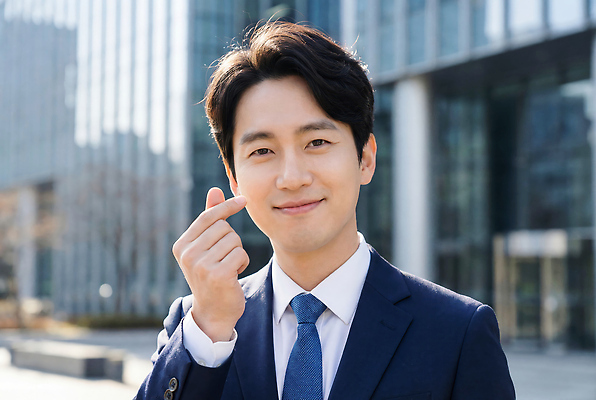 JPG 편집이미지 남자 행복 포즈 비즈니스 직장 정장 야외 건물 사무실 카메라 도시 손하트 의료성형뷰티 스타일 편집실사 AI인물포토 AI콘텐츠 건축물 옷 감정 회사 사람 손짓 전자제품 CG 파일형식 AI포토