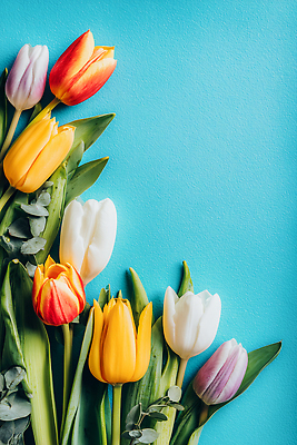 JPG 식물 편집이미지 꽃 컬러 잎 자연 장식 파란색 봄 튤립 조화 꽃프레임 뷰티풀 색감 생화 편집실사 AI포토 AI콘텐츠 계절 프레임 CG 생태계 파일형식